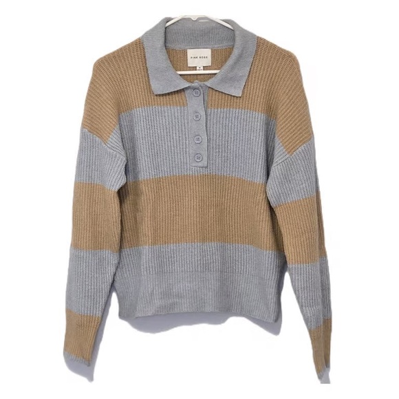 Pink Rose Striped Knit Polo Sweater Collared Button Up Pullover Top Women M - Picture 1 of 5